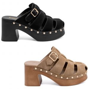 Athena Mid Block Heel Women's Clog Style Wedges, Black and Camel